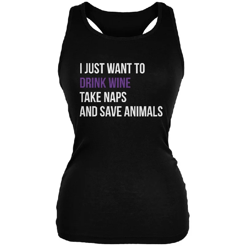 Breathable teeDrink Wine Take Naps and Save Animals Black Juniors Soft Tank Top