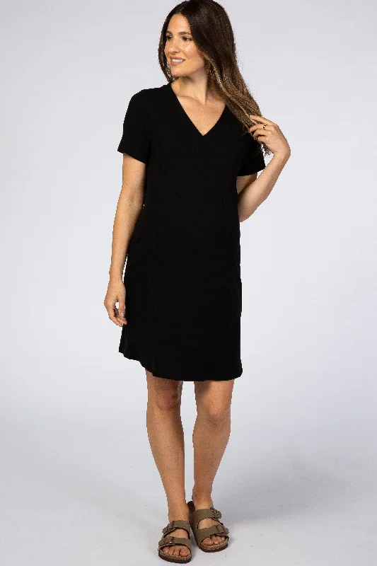 Black Ribbed V-Neck Short Sleeve Maternity DressVNeckTopLite