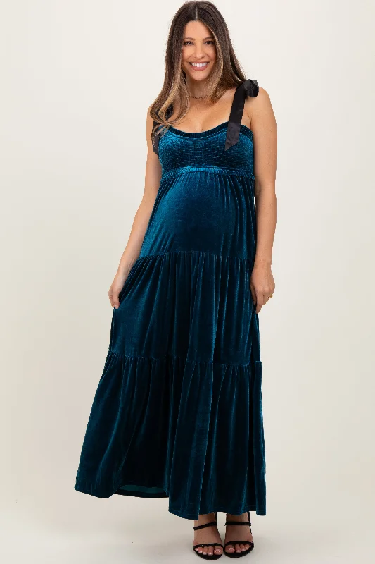 Deep Teal Velvet Smocked Satin Shoulder Tie Maternity Maxi DressTutu Dress