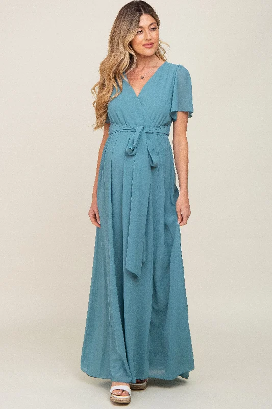 Turquoise Chiffon Short Sleeve Wrap V-Neck Front Slit Maternity Maxi DressVNeckTopCrystal