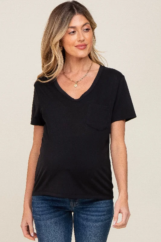 Black V-Neck Front Pocket Short Sleeve Maternity TopVNeckTopAqua