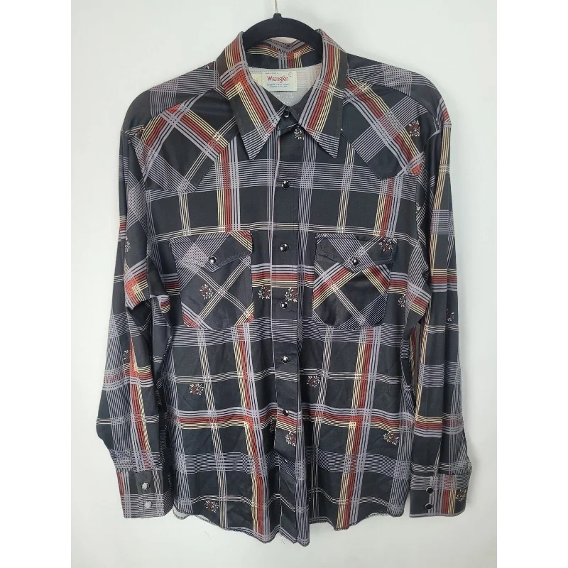 Vintage Wrangler Pearl Snap Plaid Floral Button Up Shirt Black Red Gray Size LLongline Shirts