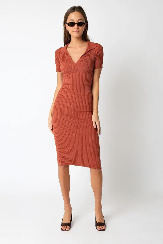 Rust Ribbed Collared V-Neck Midi DressVNeckTopGlow