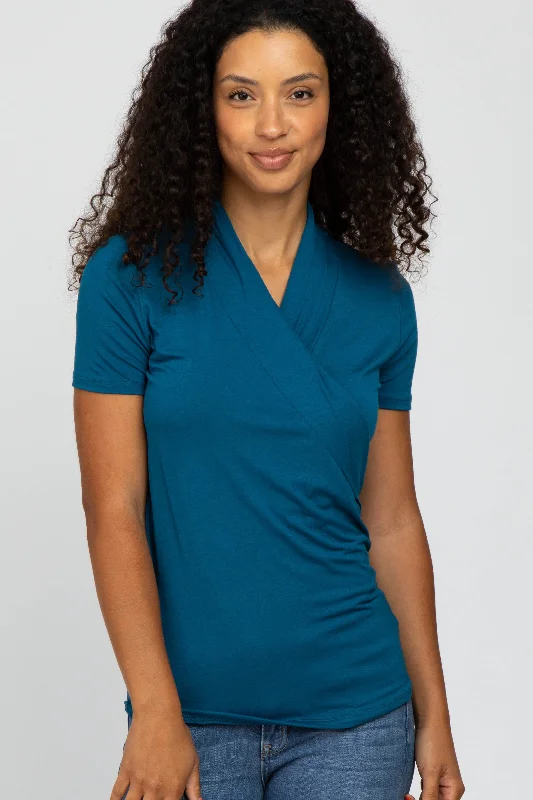 Quick-Dry Short Sleeve TopsTeal Solid Short Sleeve Wrap FrontTop