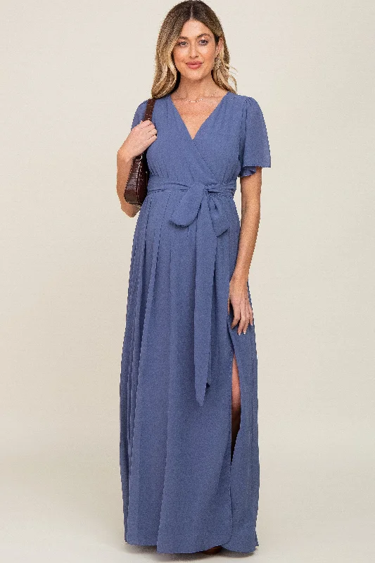 Navy Blue Chiffon Short Sleeve Wrap V-Neck Front Slit Maternity Maxi DressVNeckTop