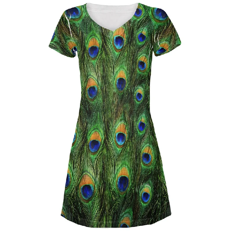 Peacock Feathers All Over Juniors V-Neck DressVNeckTopIron