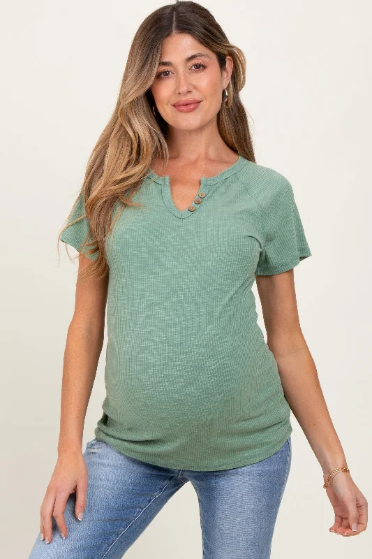 Slim Fit Short Sleeve TopsLight Olive Ribbed Split Neckline Short Sleeve Maternity Top