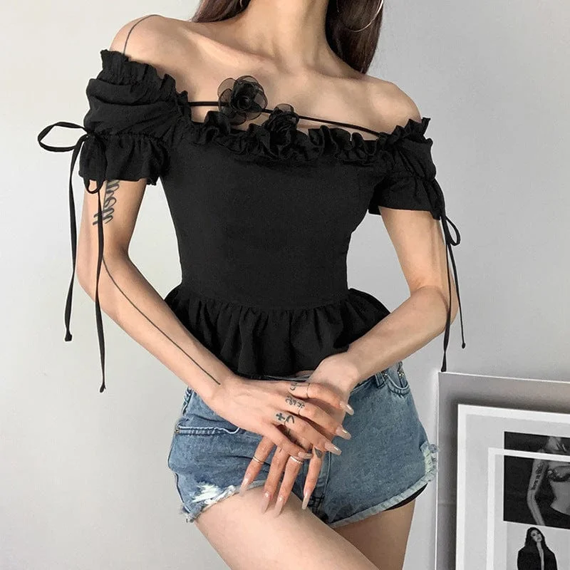 Quick-Dry Short Sleeve TopsWomen's Vintage Off Shoulder Black Rose Short sleeved Shirt