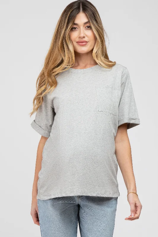 Reflective Short Sleeve TopsHeather Grey Oversized Pocket Front Short Sleeve Maternity Top