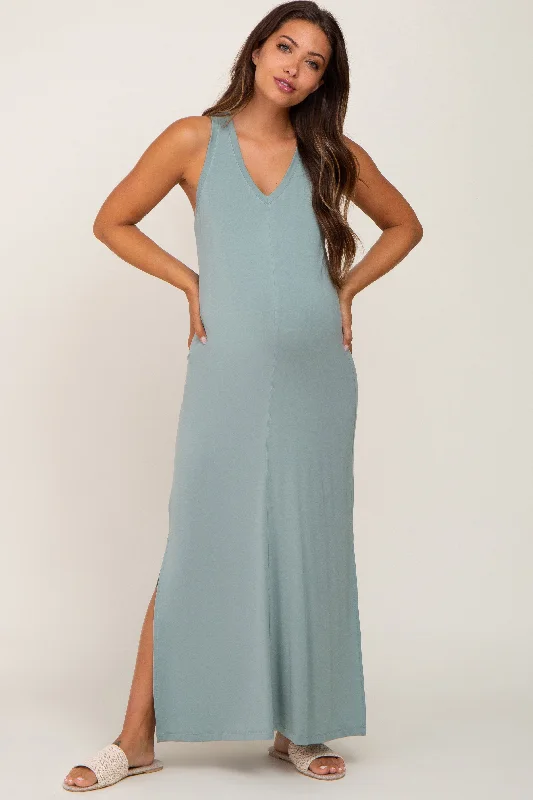 Light Olive V-Neck Side Slit Sleeveless Maternity Midi DressVNeckTopSpark