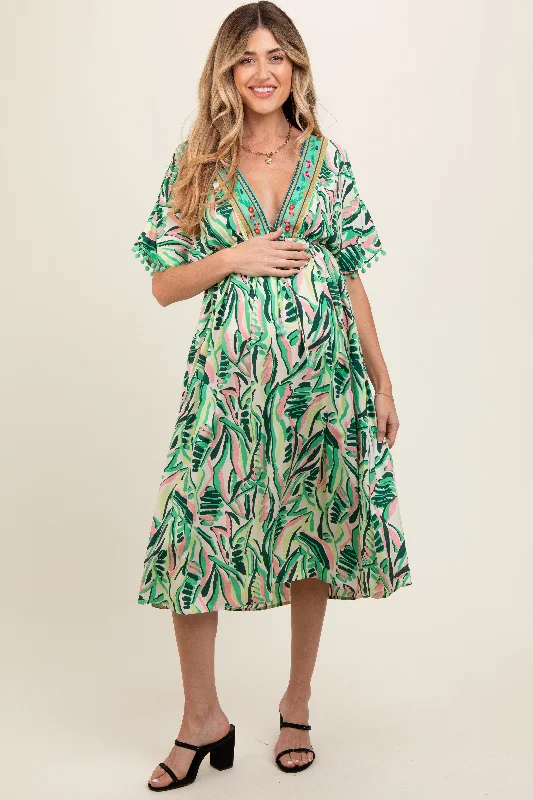 Green Embroidered V-Neck Short Pom Sleeve Maternity Midi DressVNeckTopHorizon