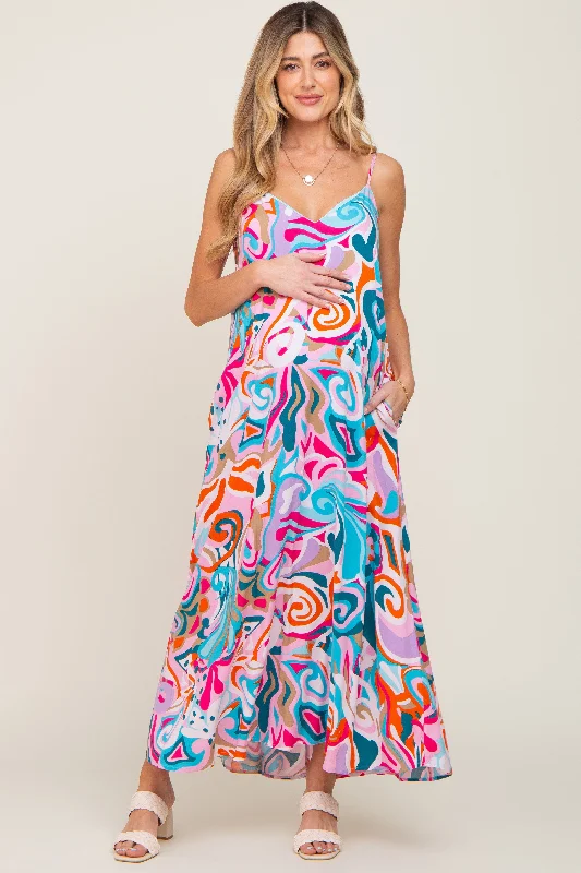 Multi-Color Sleeveless V-Neck Maternity Maxi DressLeather Dress