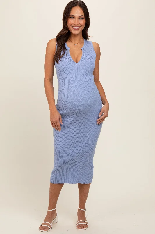 Periwinkle V-Neck Knit Maternity Midi DressLeather Dress