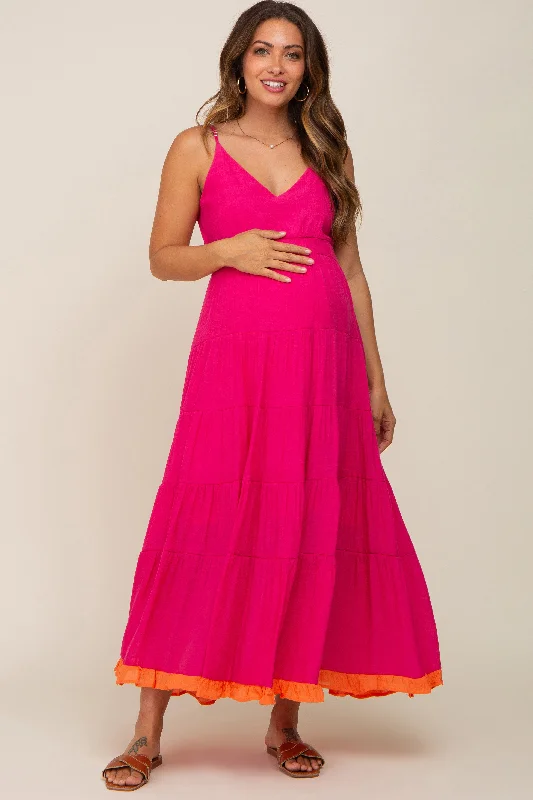 Fuchsia V-Neck Colorblocked Tiered Maternity Maxi DressVNeckTopValkyrie