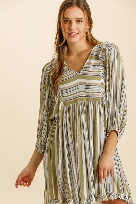 Olive Umgee Multicolored Stripe V-Neck 3/4 Balloon Sleeve Babydoll DressVNeckTopElite