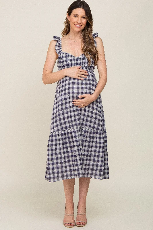 Navy Blue Checkered Linen Sweetheart Neck Ruffle Strap Maternity Midi DressGeometric Dress