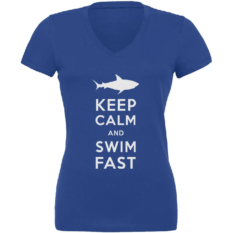 Shark Keep Calm and Swim Fast Royal Juniors V-Neck T-ShirtVNeckTopOnyx