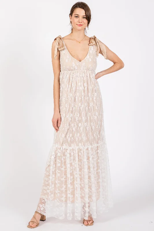 Beige V-Neck Satin Tie Lace Overlay Maxi DressSari Dress