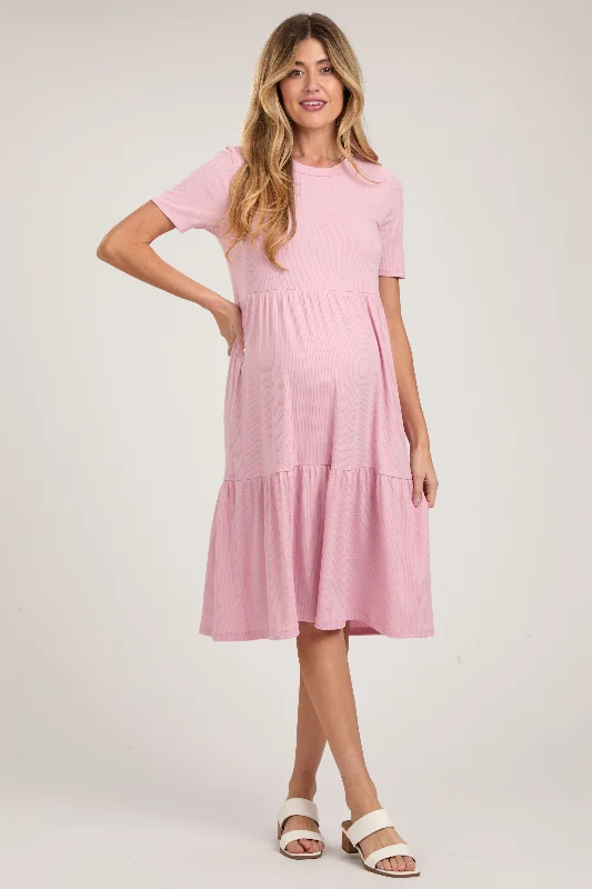 Pink Ribbed Tiered Maternity Midi DressMidi Dress