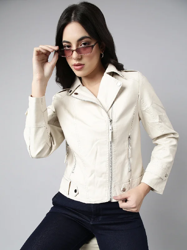 Women Solid Cream Biker JacketRibbed Cuff Jackets