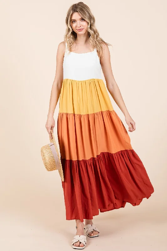 Orange Tiered Colorblock Maxi DressLace Dress