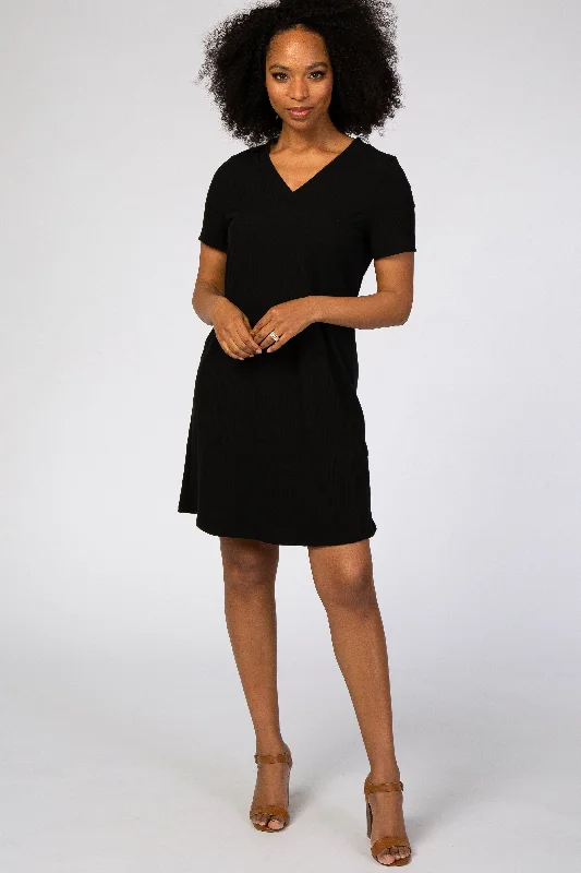 Black Ribbed V-Neck Short Sleeve DressVNeckTopPlus