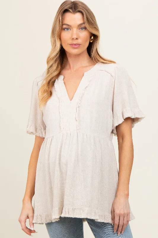 Cropped Short Sleeve TopsBeige Short Sleeve Maternity Top