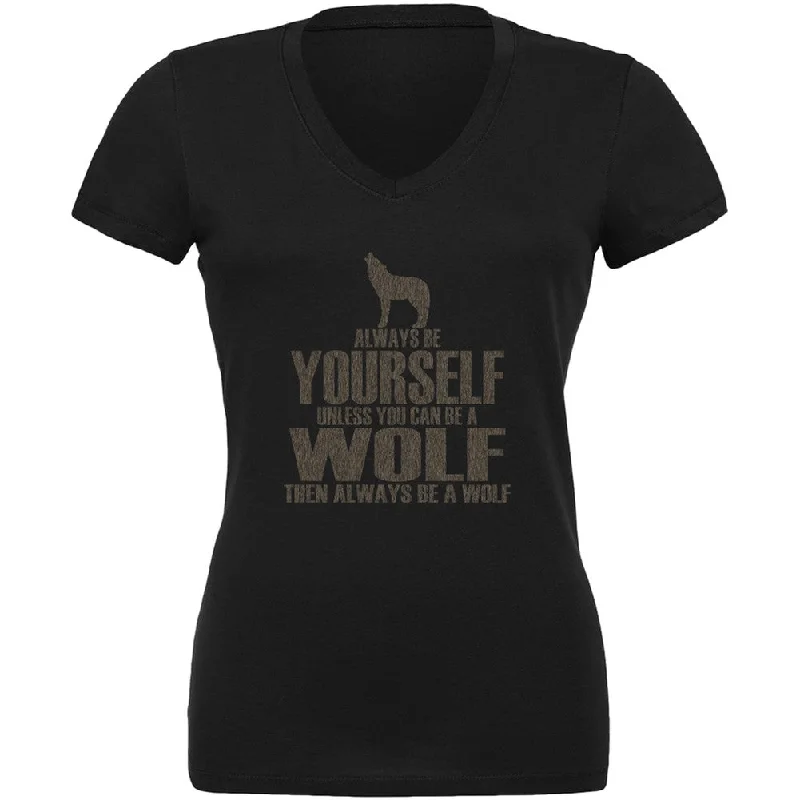 Always Be Yourself Wolf Black Juniors V-Neck T-ShirtVNeckTopCoral