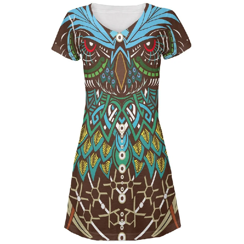 Trippy Owl All Over Juniors V-Neck DressVNeckTopGold