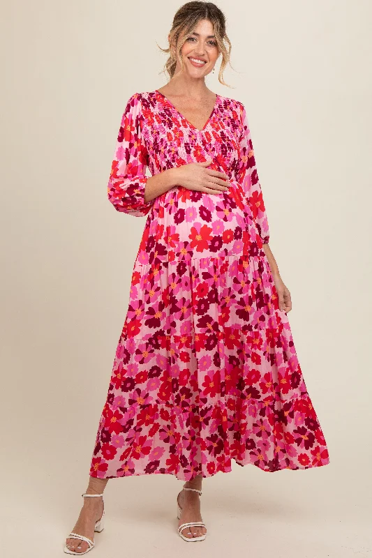 Pink Floral Wrap Front Smocked V-Neck Tiered Maternity Midi DressVNeckTopNebula