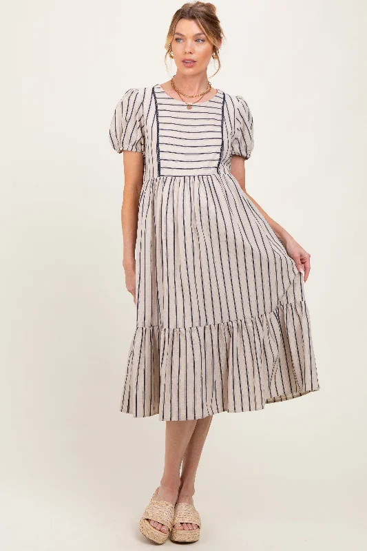 Beige Striped Short Sleeve Maternity Midi DressProm Dress