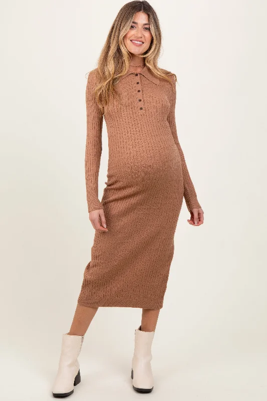 Camel Cable Knit Button Up Maternity Midi DressWind Dress