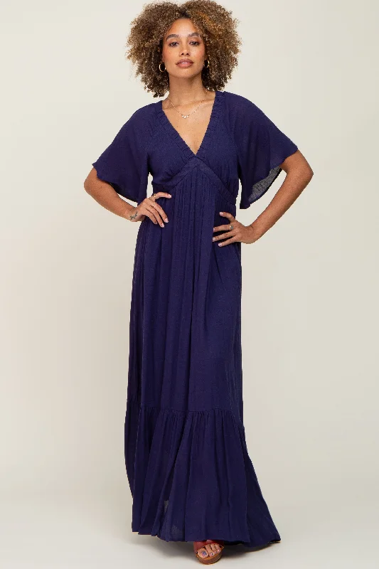 Navy V-Neck Flounce Sleeve Maxi DressVNeckTopAura