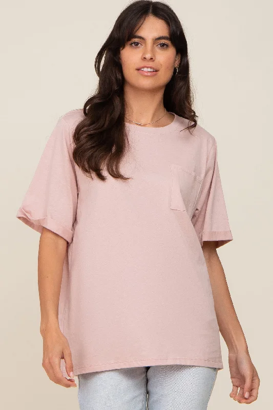 Metallic Short Sleeve TopsLight Pink Oversized Pocket Front Short Sleeve Top