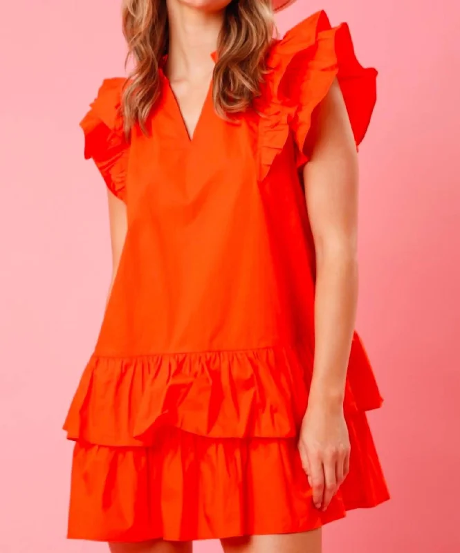 V-Neck Ruffle Sleeve Mini Dress In OrangeVNeckTopPulse