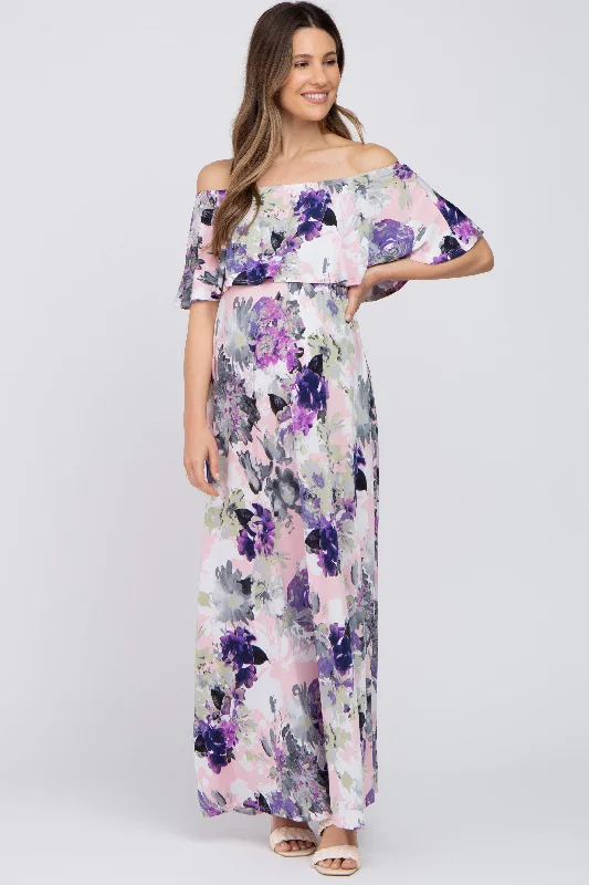 Purple Floral Ruffle Off Shoulder Maternity Maxi DressSpaghetti Strap Dress