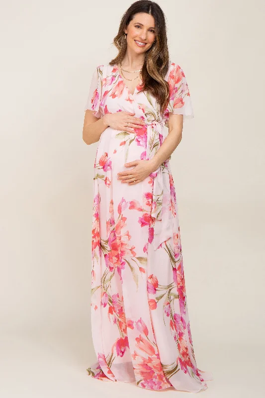 Off-Shoulder Short Sleeve TopsPink Tulip Floral Chiffon Wrap Front Short Sleeve Maternity Maxi Dress