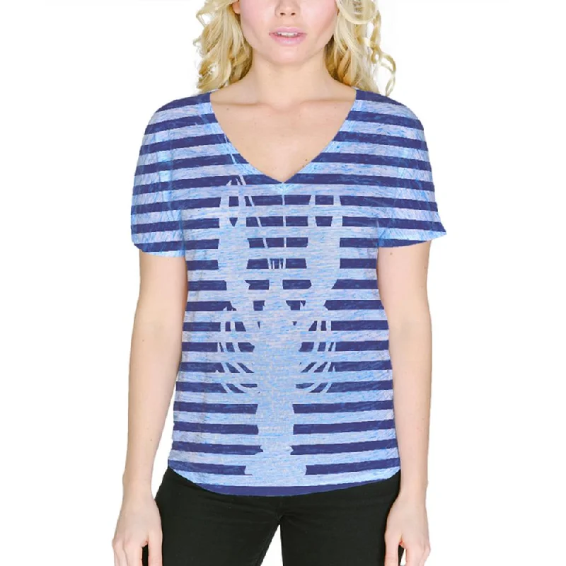 Lobster Navy Nautical Stripes Women's Slouchy V-Neck T ShirtVNeckTopPhoenix