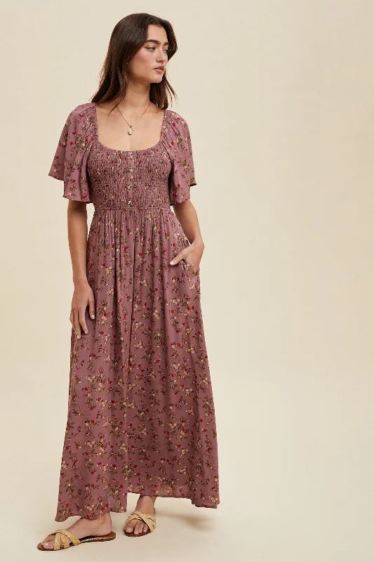 Velvet Short Sleeve TopsMauve Floral Smocked Button Front Short Sleeve Maxi Dress