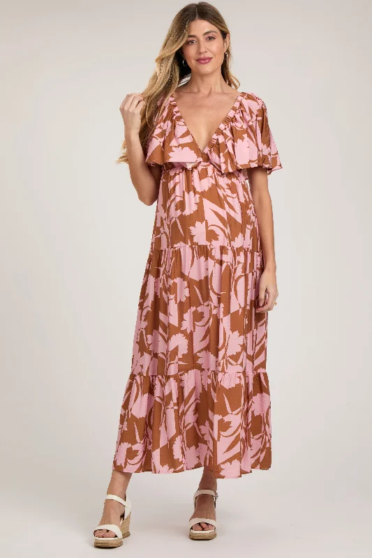 Pink Floral Deep V-Neck Ruffle Maternity Midi DressVNeckTopSpark