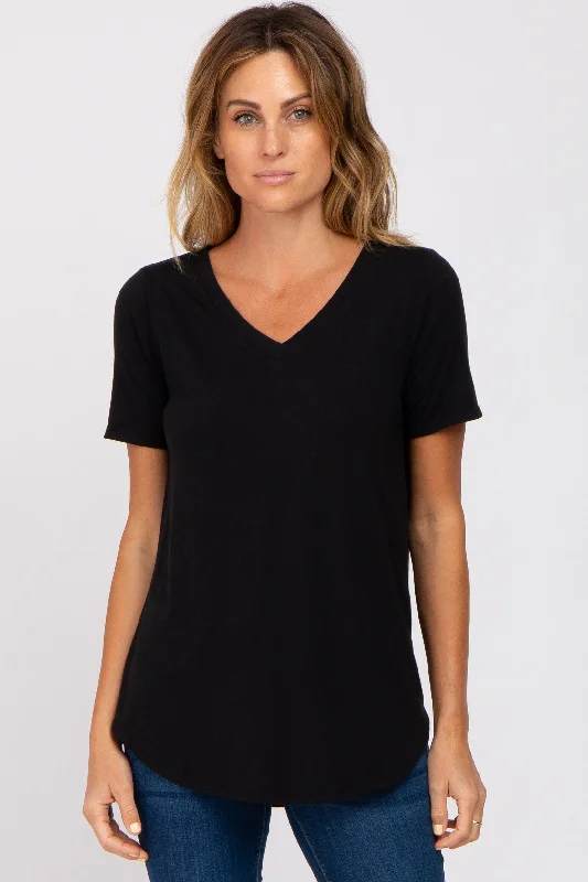 Black V-Neck Short Sleeve Round Hem TopVNeckTopHive