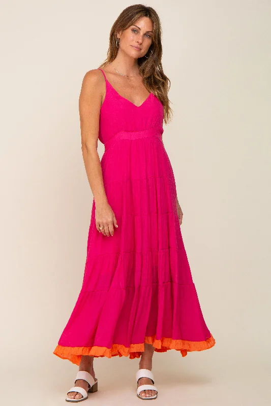 Fuchsia V-Neck Colorblocked Tiered Maxi DressVNeckTopPirate