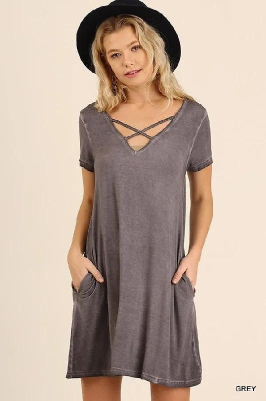 Washed Crossed V-Neck Pocket DressVNeckTopHalo