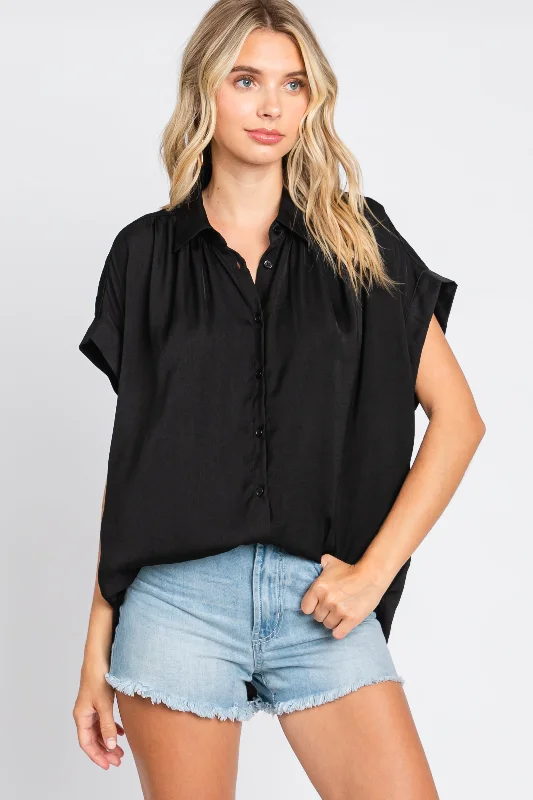 Sheer Short Sleeve TopsBlack Satin Button Front Collared Short Sleeve Top