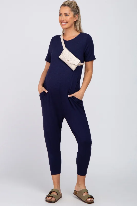 Hemp Short Sleeve TopsNavy Blue Basic Short Sleeve Maternity Jumpsuit