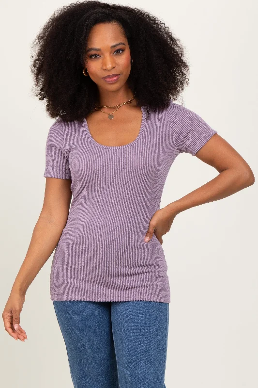 Longline Short Sleeve TopsMauve Solid Ribbed Short Sleeve Round Neck Basic Top