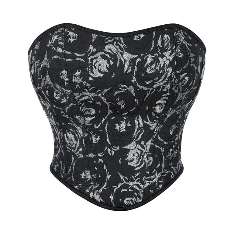 Women's Gothic Black Rose Printed Overbust Corsets