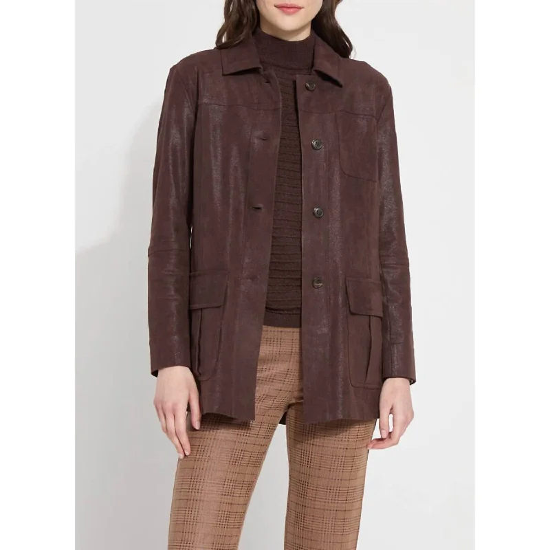 Lora Foil Faux Suede Utility Jacket In Dark MochaWool Jackets