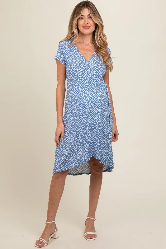 Blue Floral Wrap Maternity Midi DressParty Dress