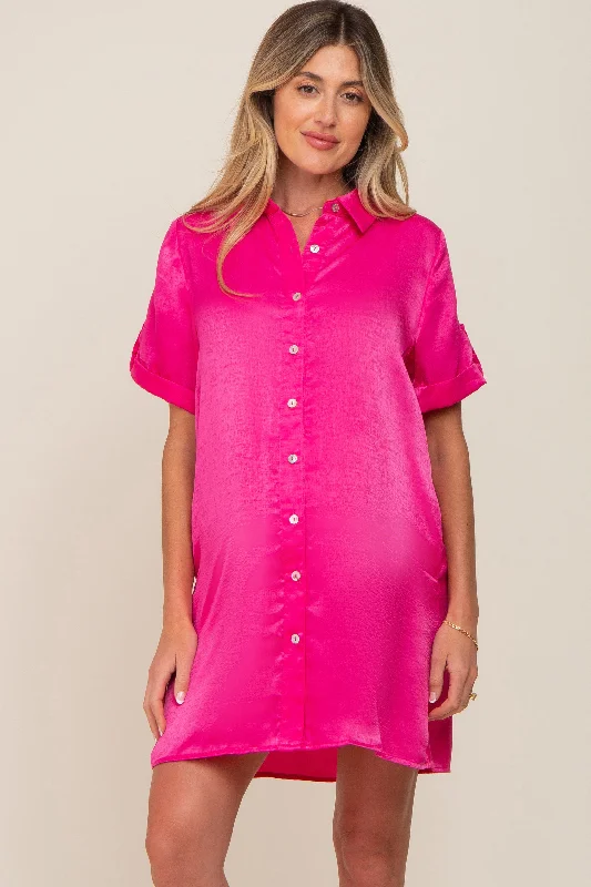 Slim Fit Short Sleeve TopsFuchsia Satin Button Front Short Sleeve Maternity Dress